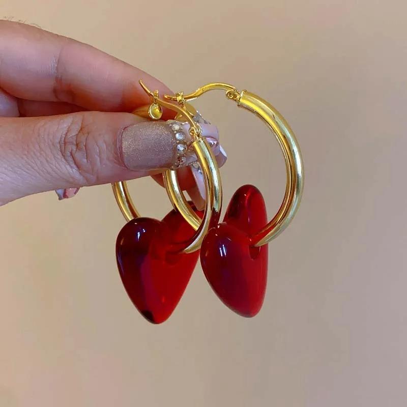 Elegant Red Heart Drop Earrings for Women Exaggerated Resin Large Love Round Ear Buckle Earrings Vintage Jewelry Accessories