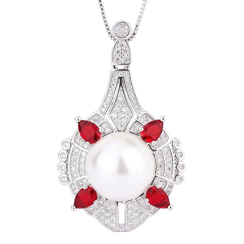 Pearl Women's Retro Court Temperament Ruby Emerald Ring Pendant Two-piece Fashion