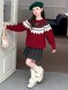 Girls' Fair Isle Red Knitted Sweater - Round Neck, Long Sleeve, Chunky Knit, for Autumn/Winter 2025, Mid & Big Kids Casual Jumper.