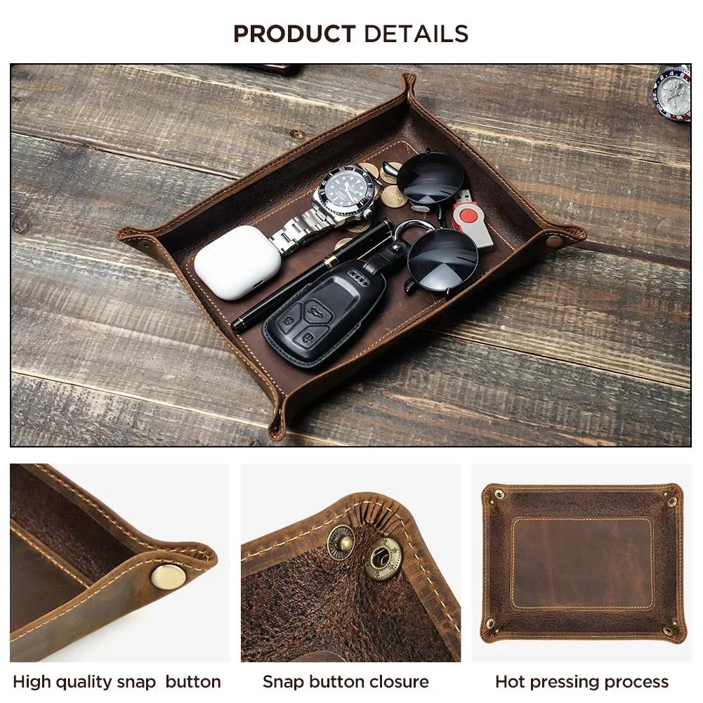 Genuine Leather Storage Trays Cowhide Square Tray Key Wallet Coin Organizer Home Office Desktop Storage Sundries Box