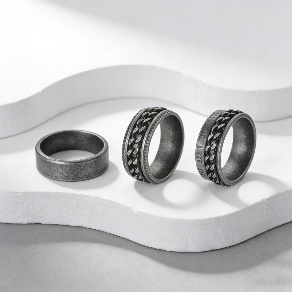 Trendy Stainless Steel & Titanium Silver Ring Set