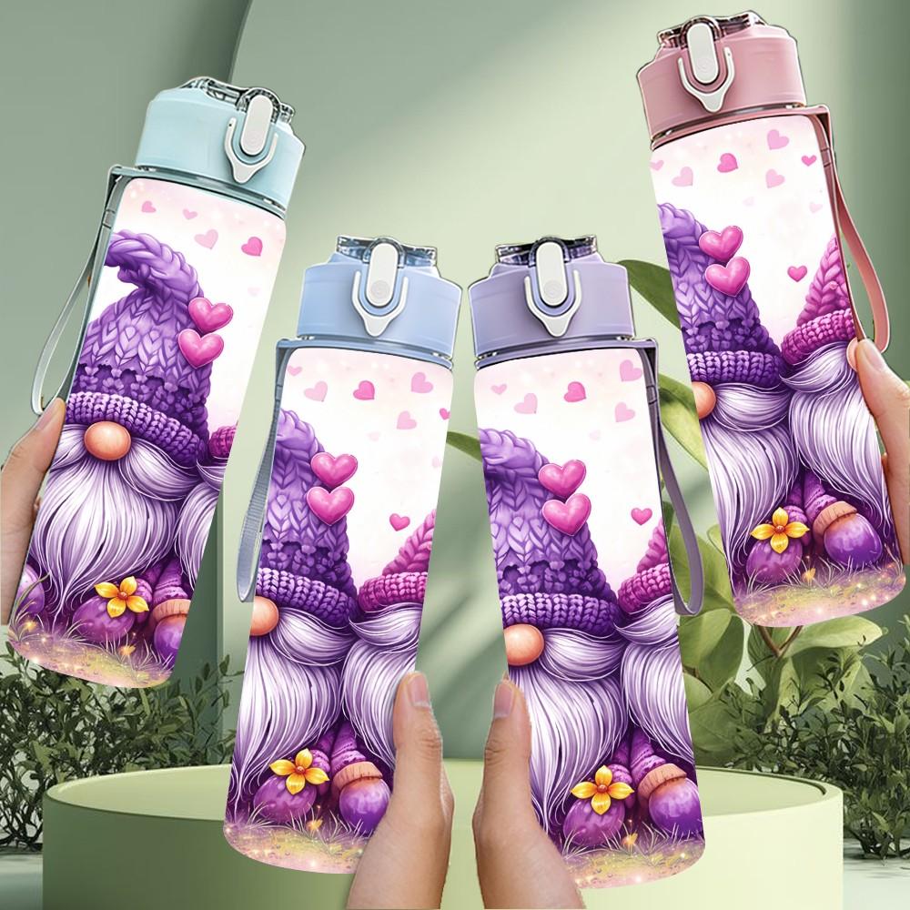 1PC Two Cute Purple Gnome Cartoon Print 750ml Color Plastic Sports Water Bottle Leakproof Flip Straw Lid Suitable for Sports Office Home Use