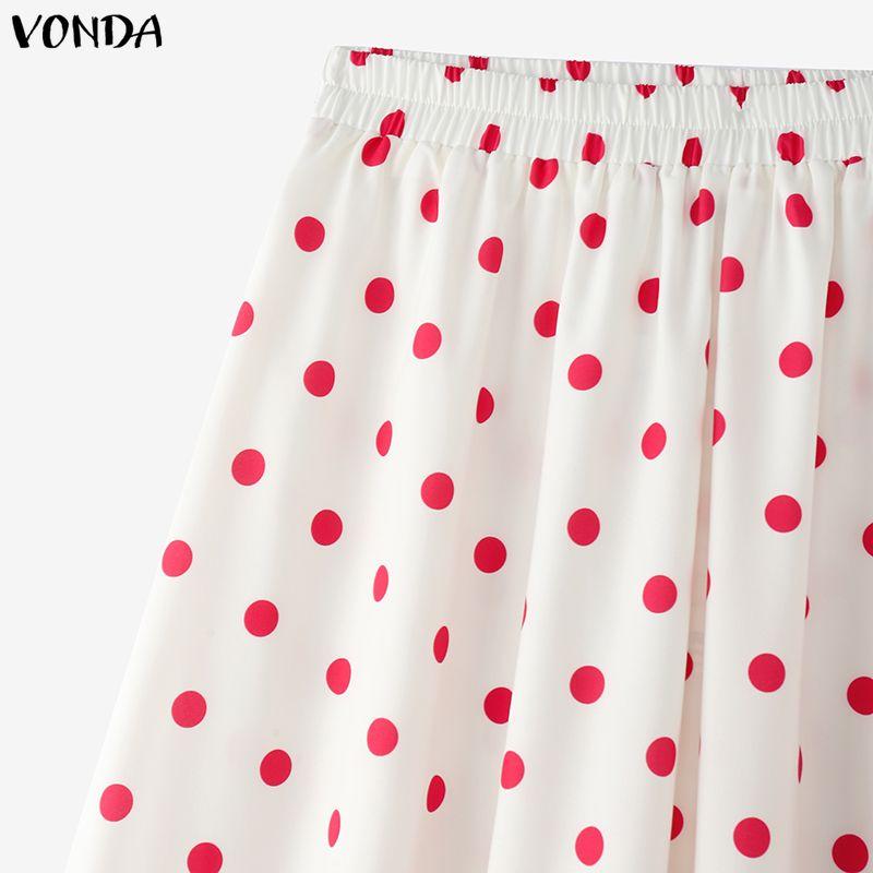 VONDA Vintage Women Polka Dots Print Loose Casual Long Swing Skirts Pleated Dress