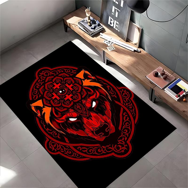 "Red Wolf Head Pattern Carpet with Mandala Design On Black Background" Suitable for Use As an Anti-slip for Living Room Bedroom Sofas