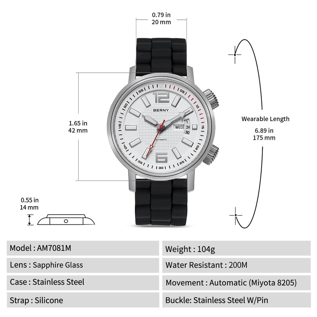 BERNY Men's Automatic Mechanical Dive Watch, Self-Winding, Sport Silicone Strap, 20ATM Waterproof, Sapphire Glass, Super Luminous