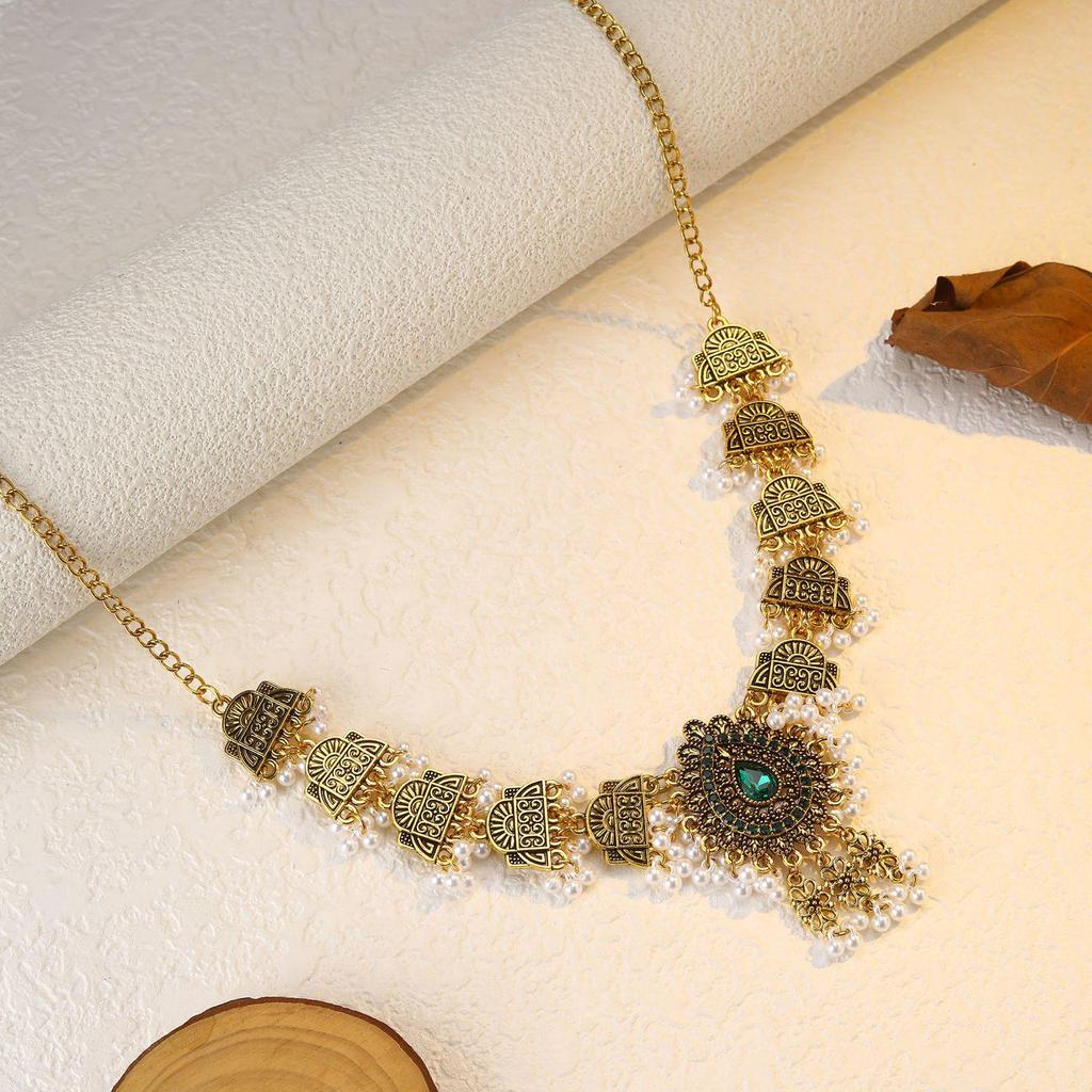 Bohemian Exotic Rhinestone Tassel Necklace & Earrings Set In Antiqued Alloy
