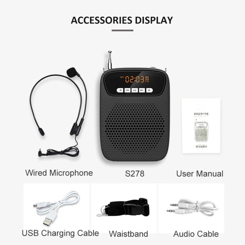 15W Portable Voice Amplifier Wired Microphone FM Radio AUX Audio Recording Bluetooth Speaker Megaphone For Teachers S278