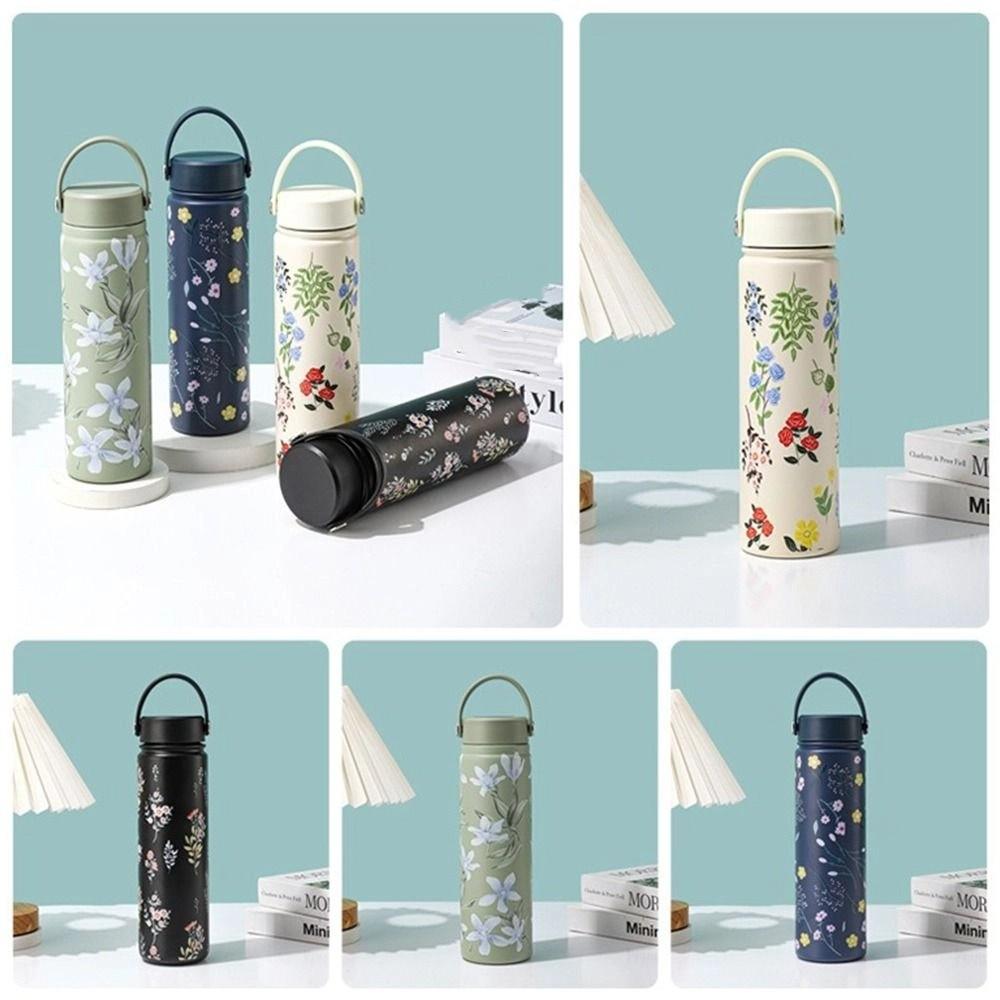 Stainless Steel Water Bottle Flower Printed Coffee Mug Vacuum Handy Cup  Outdoor Travel Office