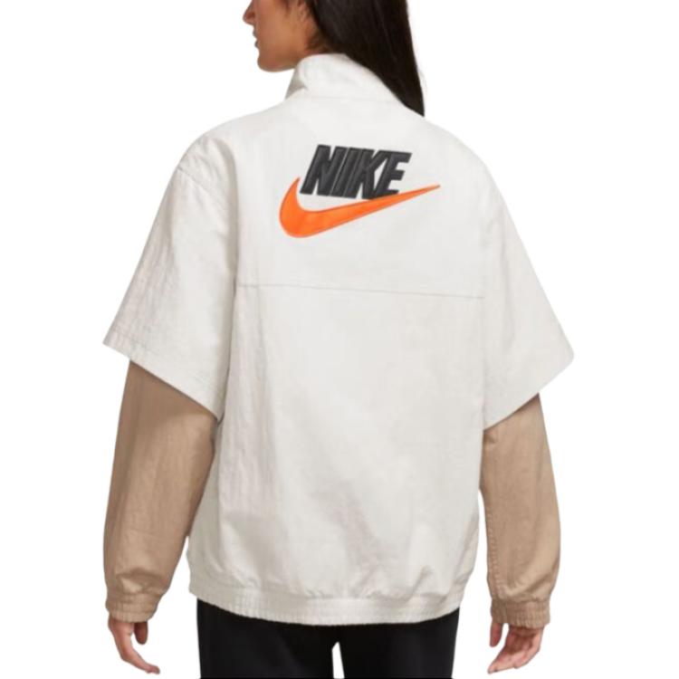 Nike Logo Retro Sports Stand Collar Printed Color Block Casual Jacket Women Jackets White FB7249-104