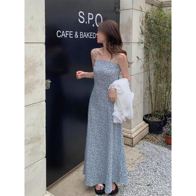 Women's Summer Wind Floral Suspender Dress Waist Medium and Long Temperament Seaside Vacation Skirt Suspender