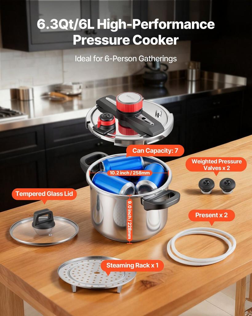 Pressure Cooker, 6L Pressure Cooker Stainless Steel, Pressures Canner with Steaming Rack, Tempered Glass Lid, Three Pressures Settings for Meat,