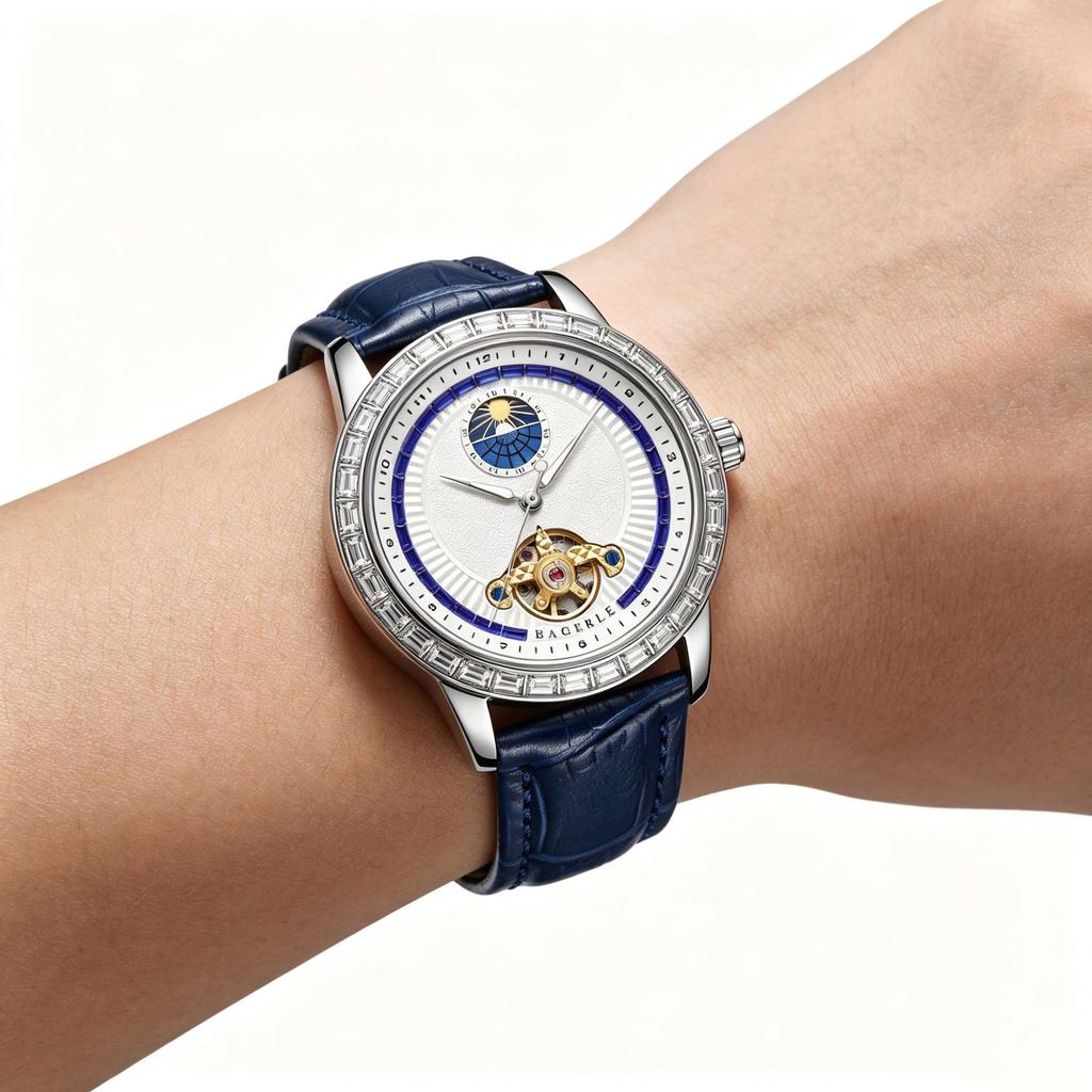 Men Skeleton Automatic Watch Moon Phase Diamond Bezel Blue Leather Stainless Steel Wristwatch