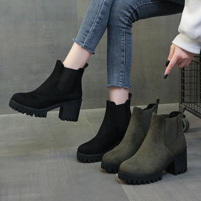 2025 Winter Klobige Absätze Damen Stretchstoff Stiefeletten Schuhe Klassische Weibliche Frau Boote Größe 35-41