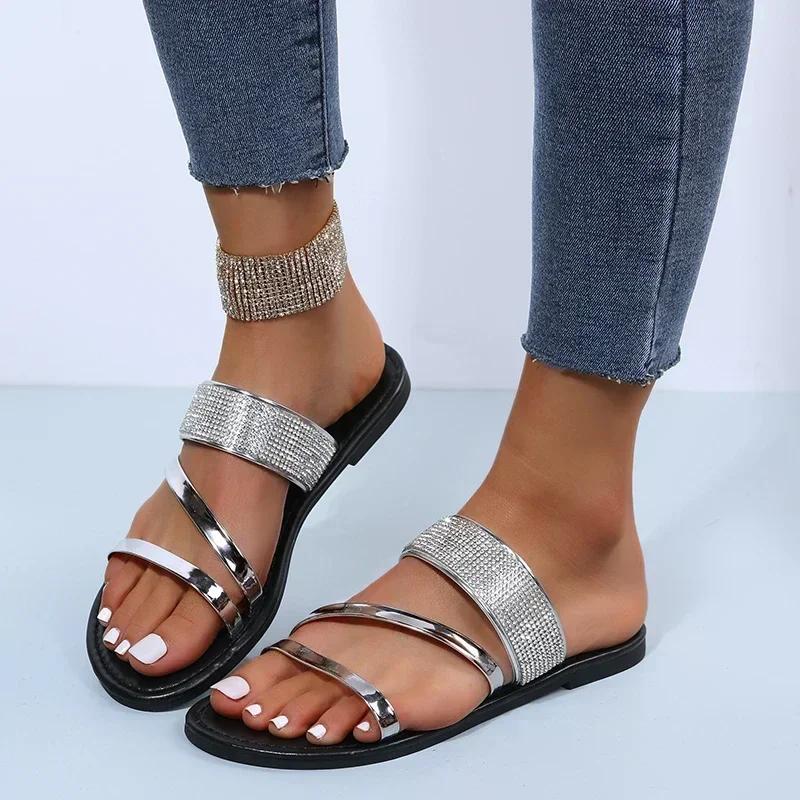 

2025 New Shiny Rhinestone Fashion Womens Slippers Outdoor Womens Flat Roman Slippers Shoes Casual Beach Crystal Slippers Zapatos 43 серебряный