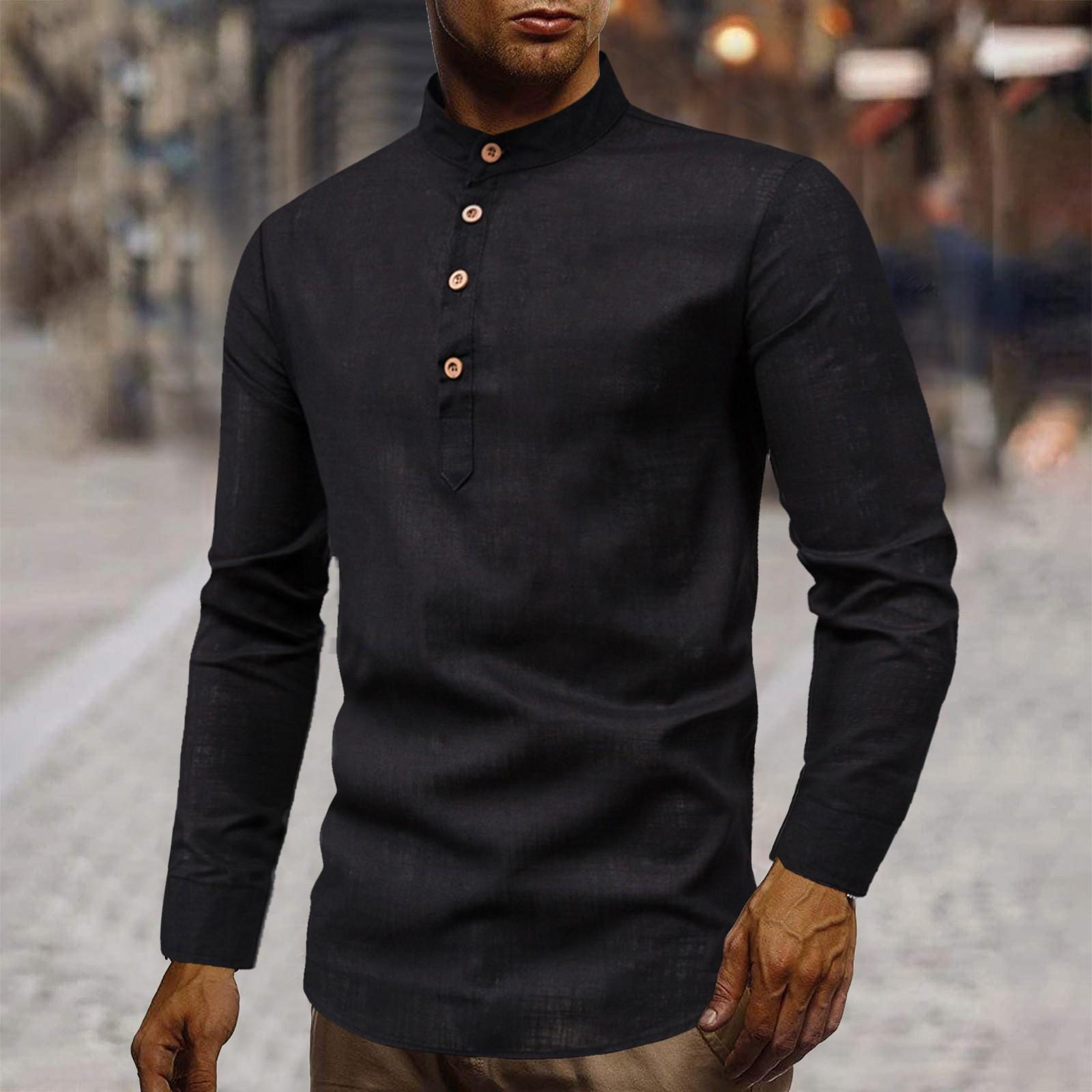 

Men s Fashion Slim Fit Color Long Sleeve Business Stand Collar Cotton Hemp Half Open Men s Shirt XL чёрный