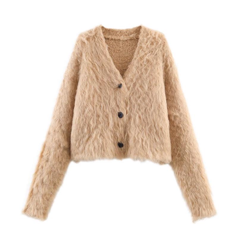 2025 Winter European & American Fashion V-neck Long Hair Cardigan Coat Medium бежевый