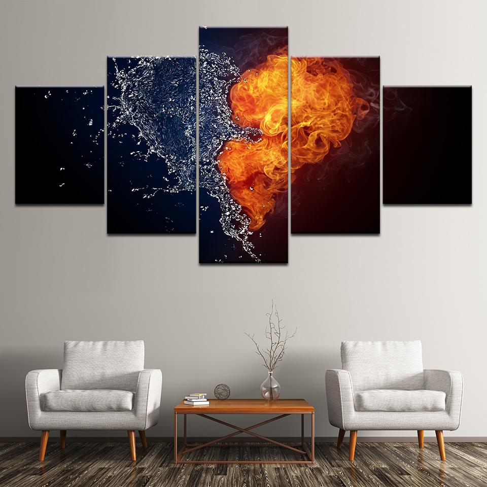 Canvas Painting Abstract Water Fire Heart-shaped 5 Pieces Wall Art Painting Modular Wallpapers Poster Print Home Decor