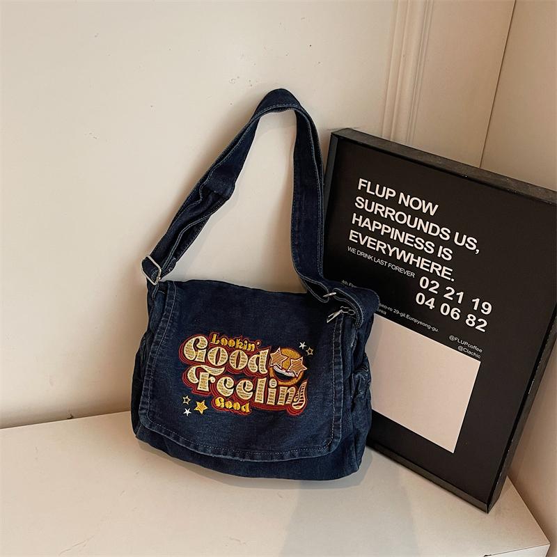 Large Capacity Denim Bag Student Class Crossbody Bag Letter Embroidery Women Commuter Tote Bag
