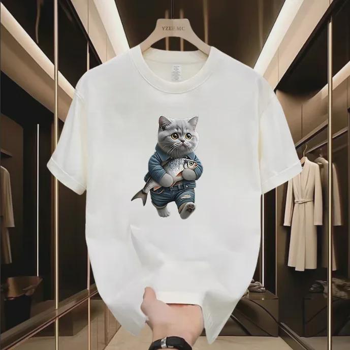 Uniseksowy letni T-shirt z nadrukiem kota - Amerykańska marka modowa, z krótkim rękawem, wszechstronny top dla par