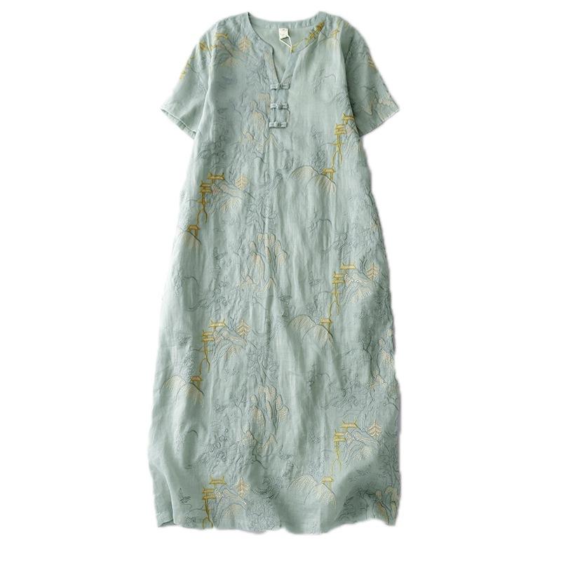 Medium embroidery cotton and linen dress women's 2025 summer new retro V-neck buckle short-sleeved skirt