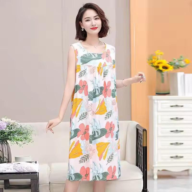 Summer Middle-Aged and Elderly Cotton Silk Nightgowns Pajamas Women's Dresses Large Size Mother's Casual Nightgowns Homewear