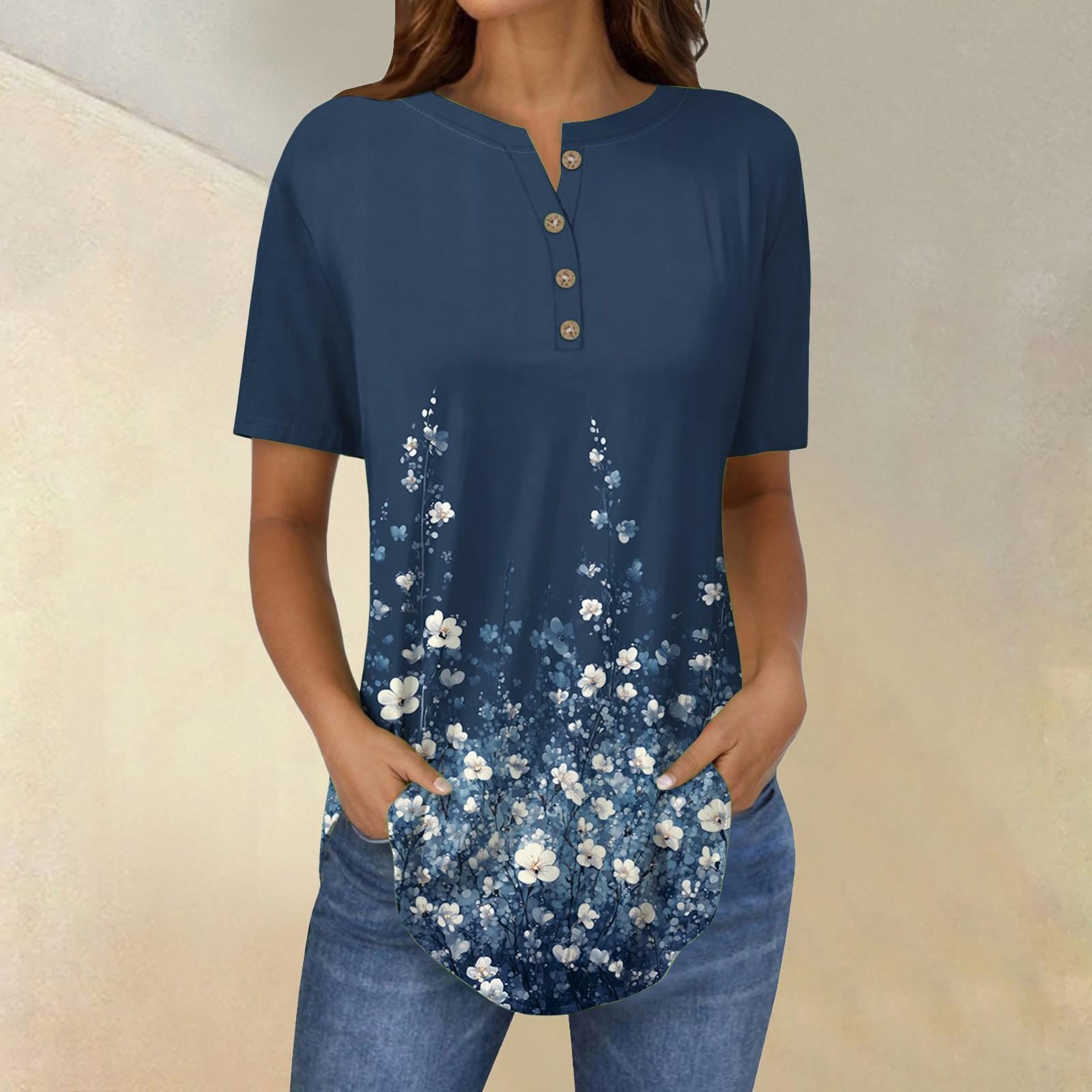 

Короткие рукава женские топы летние футболки цветочный принт V-образный вырез повседневные базовые футболки рубашки на пуговицах туники XL