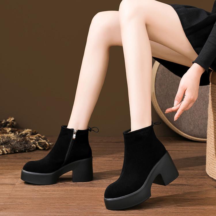 Leather Platform Martin Boots Women's 2025 New Autumn and Winter Velvet Small Thick Heel Short Boots Women's High Heel Cigarette Boots