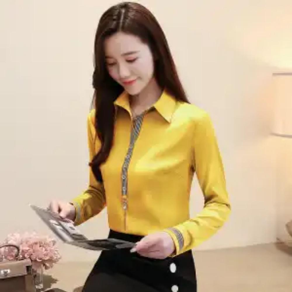 Commuter Turn-down Collar Solid Button Patchwork Fashion Blouses Pullovers Ladies Elegant Long Sleeve Slim Shirt Women Clothing