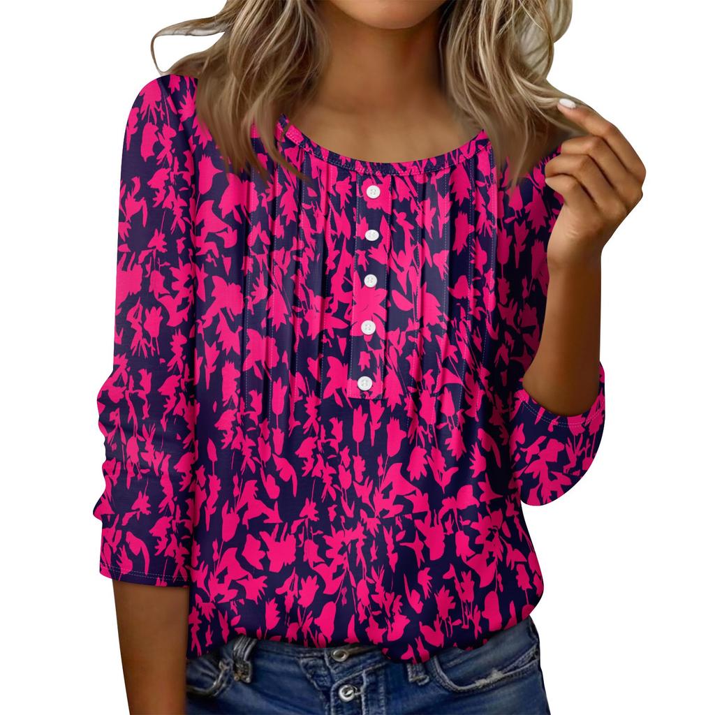 Women's Round Neck Pull Stripe Decorative Button Top Casual Solid Color 3/4 Sleeve T Shirt