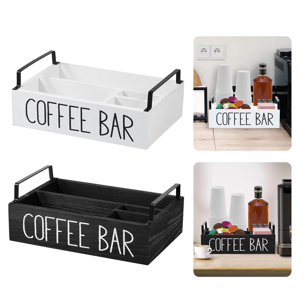 4 Compartments Coffee Bar Organizer Wooden Coffee Station Countertop Storage Box for Stacked Coffee Cup,Creamers,Coffee Tools