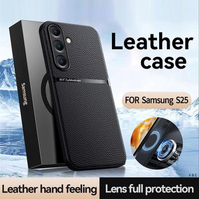 Pro Samsung Galaxy S25 S25 Plus S25 Ultra kožená textura vestavěný magnetický TPU měkký okraj proti pádu proti otiskům prstů pouzdro na telefon