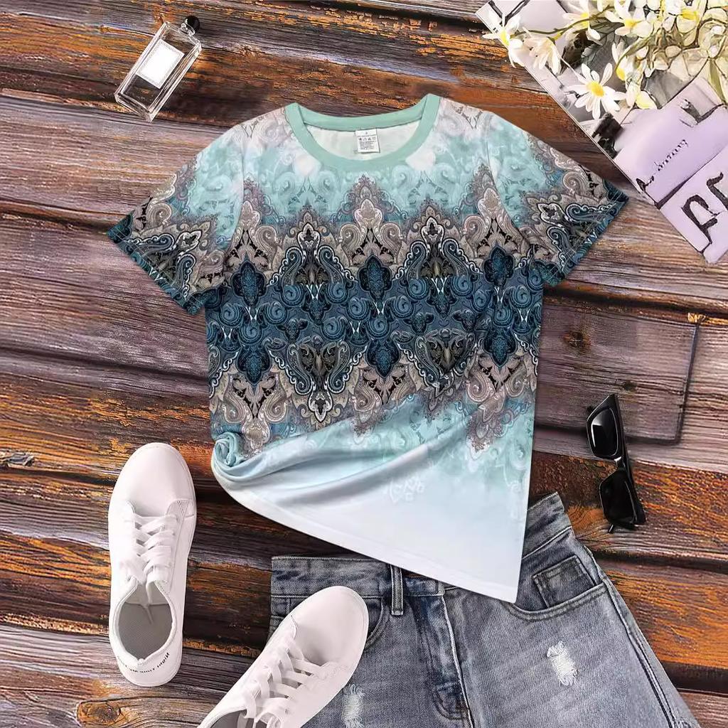 Summer Loose Round Neck T-shirts Ethnic Style Fashionable Straight Tube Short Sleeved Women's T-shirts