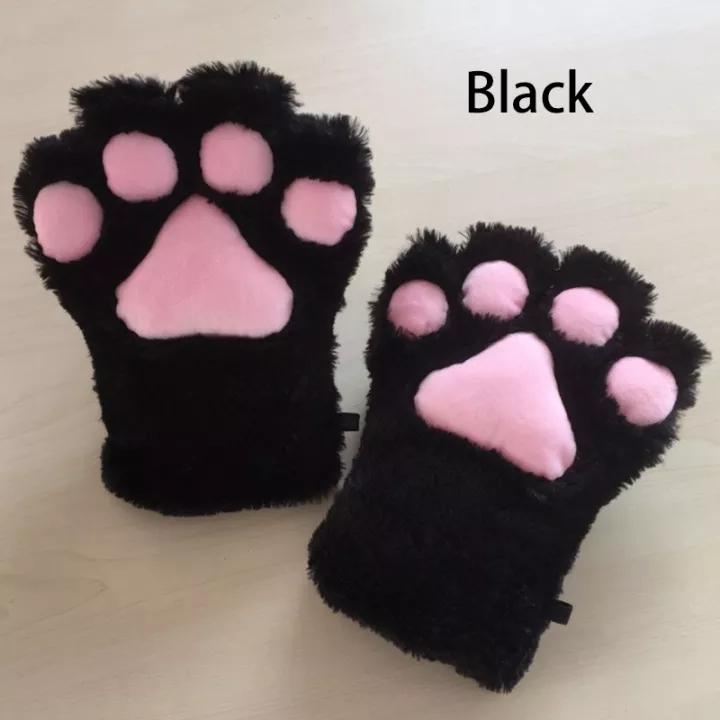 Kawaii Cat Claw Paw Plush Gloves Women Winter Warm Short Fingerless Gloves Fluffy Bear Cat Mittens Costume Half Finger Mittens