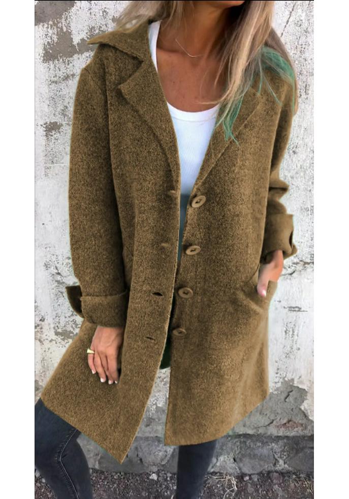 Elegant European Style Mid-Length Women's Solid Color Lapel Pocket Cardigan Coat