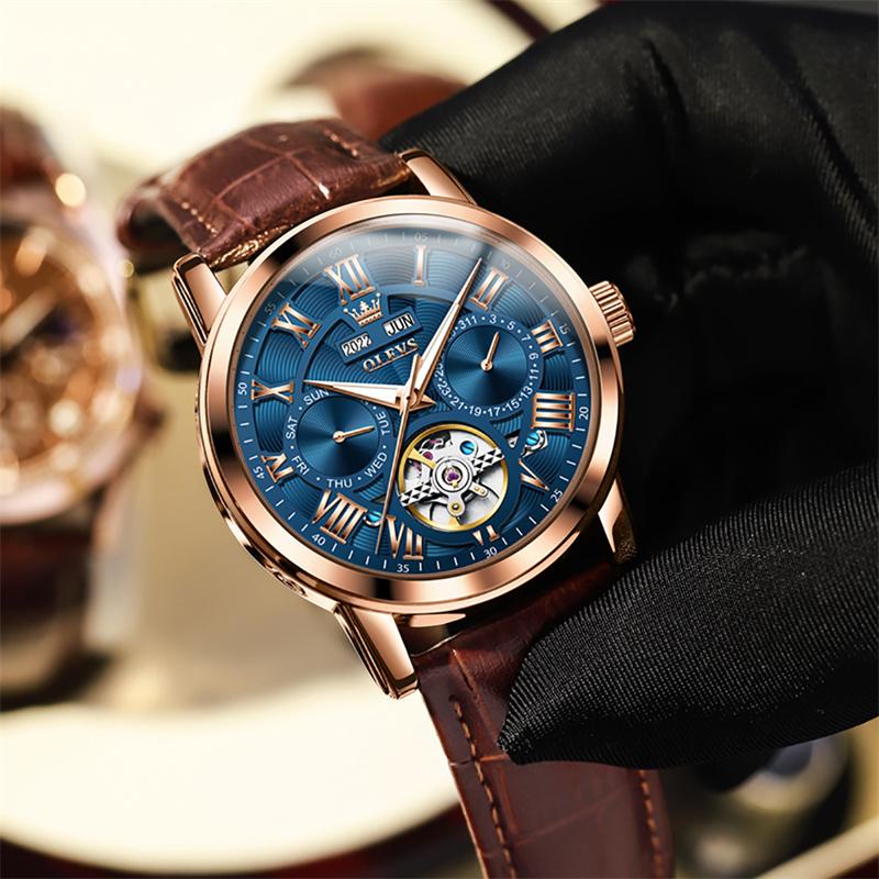 OLEVS Rose Gold Blue Perpetual Calendar Automatic Mechanical Watch Men's Luxury Leather Fashion Tourbillon Watches Reloj Hombre