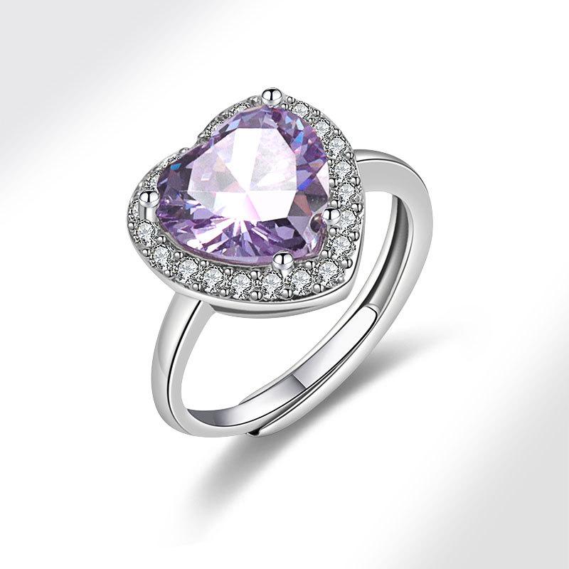 Pink Heart Shaped Ring Full Zircon Adjustable Open Index Finger Ring Romantic Colorful Gemstone Jewelry For Women