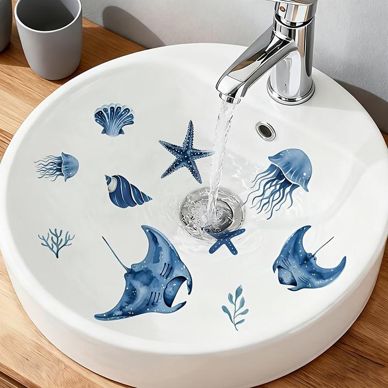 Blau Ton Meeresleben Glasaufkleber Badezimmer Waschbecken Dekorativer Aufkleber Wandaufkleber Selbstklebend Abnehmbar Hausdekoration