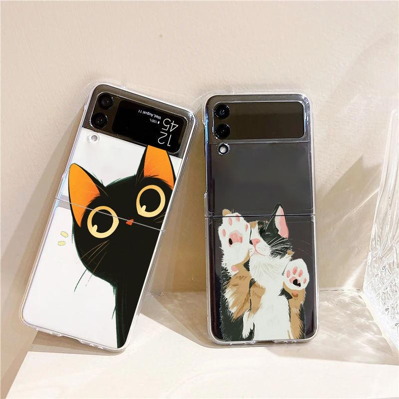 Lovely Cat Playing Fun Fashion Phone Case For Samsung Galaxy Z Flip 3 4 5 6 7 Hard Folding Z Flip4 Clear PC Cover Gift