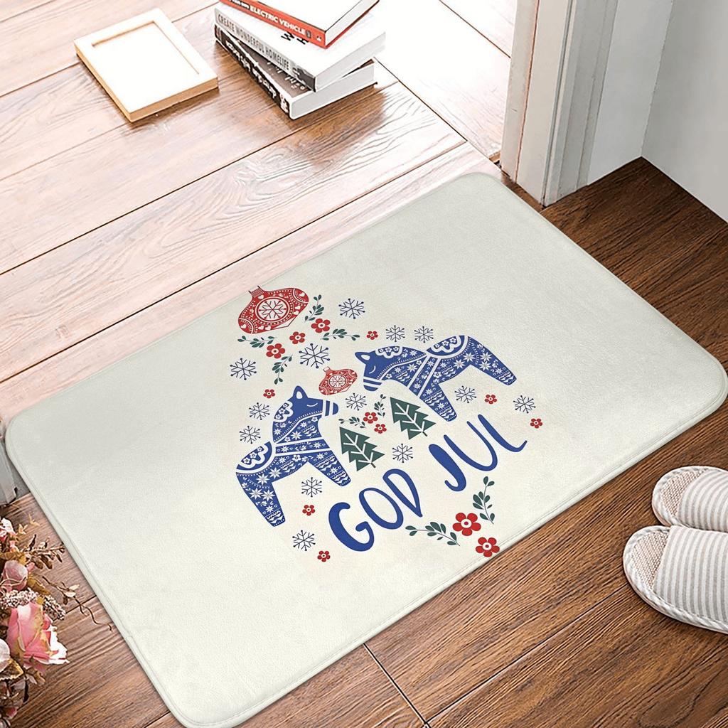 “GOD JUL” Dala Horse Bath Mat – Swedish Christmas Design, Blue/Red Folk Art on Cream, Non-Slip, Machine Washable