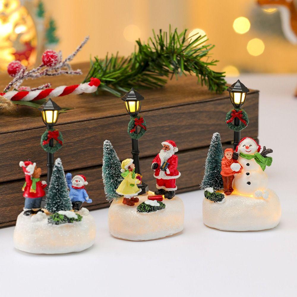 Resin Luminous Christmas Statue Snow View Santa Claus Design Christmas Street Lamp Ornament Pine Needles with Led Lights