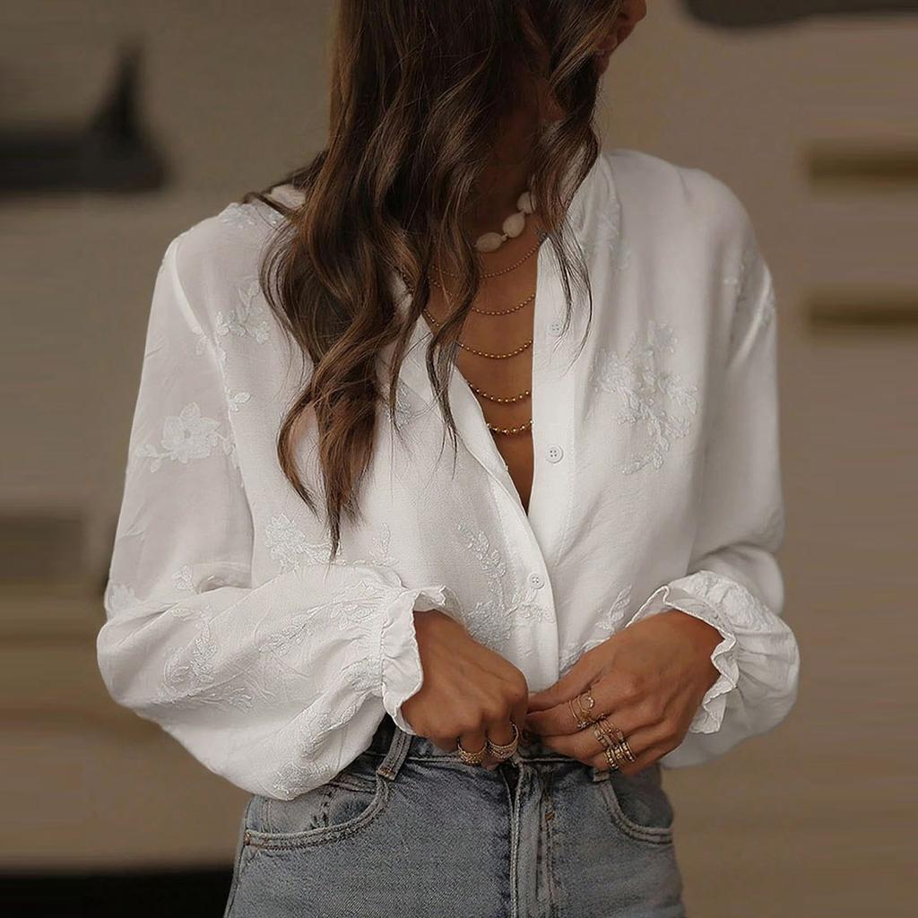 Women's Fashion Cardigan With Puff Sleeves, Ruffled Collar And Embroidered Casual Shirt Top