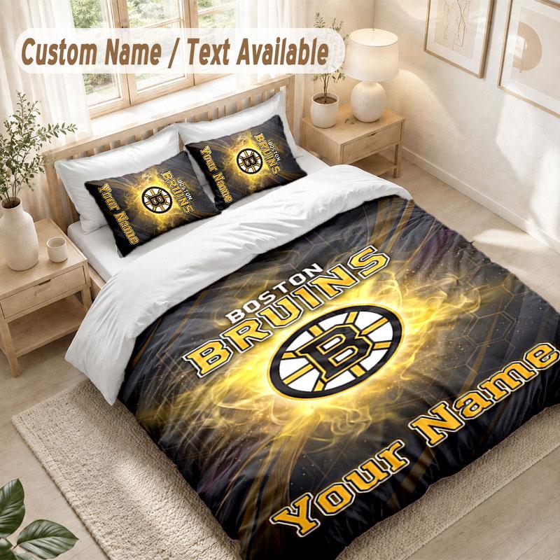 Custom Name Bedding Set 3 PiecesBoston Bruins Print Duvet Cover + 2 Pillowcases Soft Bed Decor