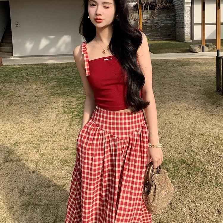 French Retro High-End Red Plaid Midi Skirt for Women - 2025 Summer Trend
