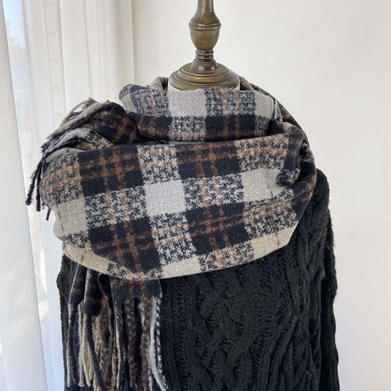 Autumn Winter Women Retro Knitted Scarf Headscarf Lady Men Casual Preppy Plaid Tassel Scarve Mujer Male Wrap Shawl Korean Style