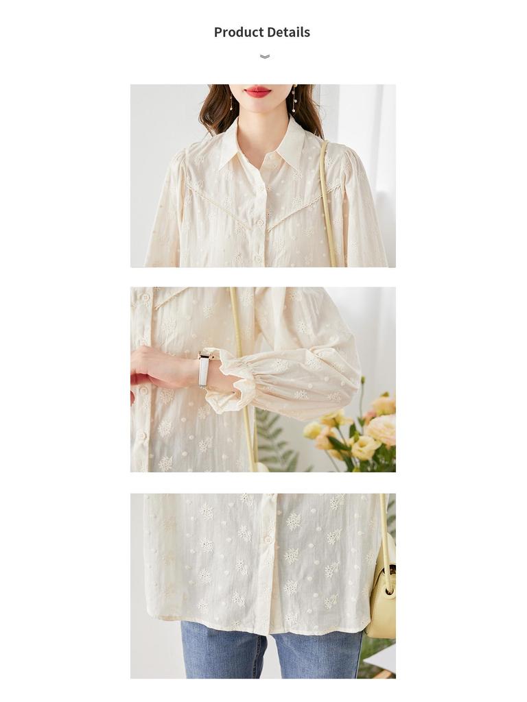 Women's Long Sleeve Pure Cotton Embroidered White Shirt - 2025 Spring Collection