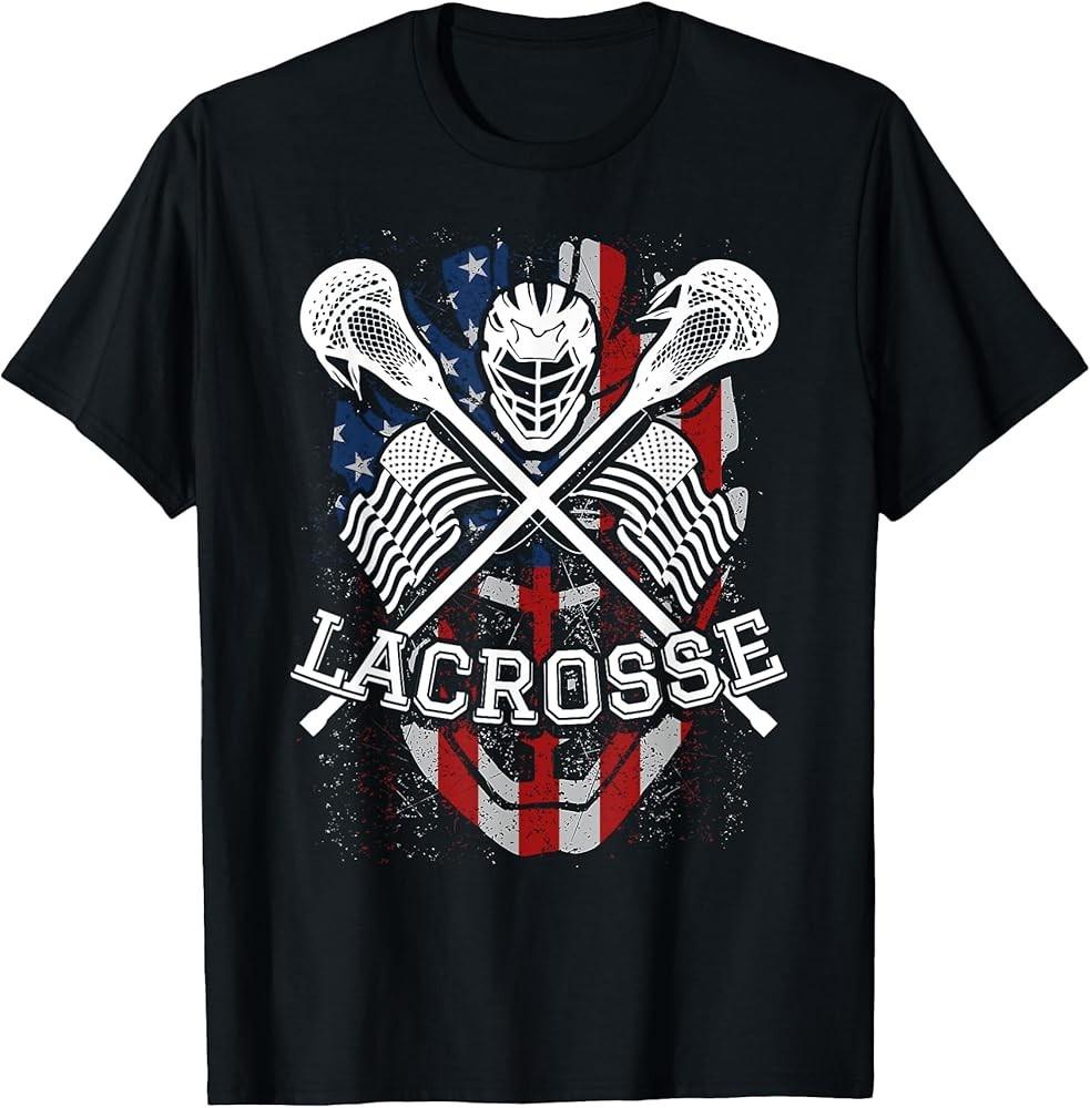 Kask i kije do lacrosse, Koszulka z amerykańską flagą, Śmieszny prezent, Koszulka unisex