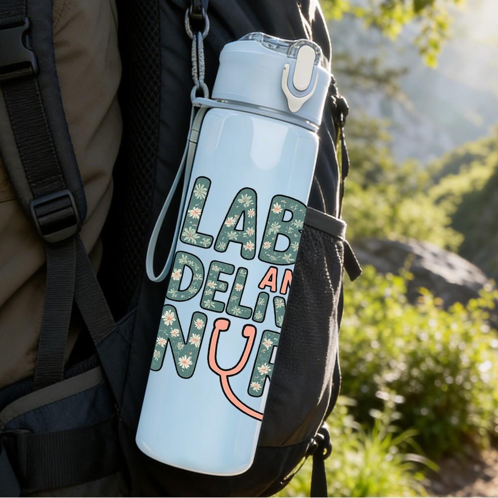 1PC Labor Delivery Nurse Text 750ml Color Plastic Sports Water Bottle Leakproof Flip Straw Lid Suitable for Sports Office Home Use