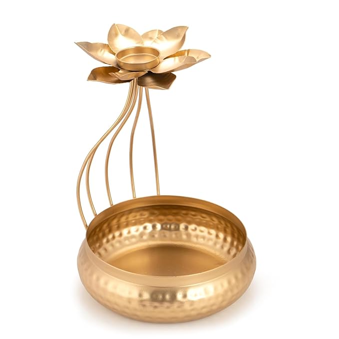 Metal Lotus Tealight Candle Holder for Diwali Decoration Items with Base of Urli Bowl -Diwali Gift Items-Urli Bowl for Home Decor