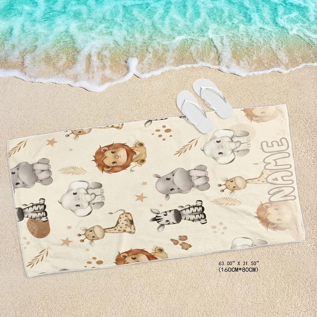 Cute Animal-themed Beach Towel, Featuring Soft Beige as the Base with Printed Cartoon Animal Patterns Like Giraffes