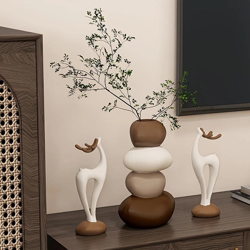 3pcs Creative Resin Stacked Stone Vase and Deer Collectible Figurine Set | Unique Christmas Gifts for Living Room, Bedroom, Office Desk, Bookshelf